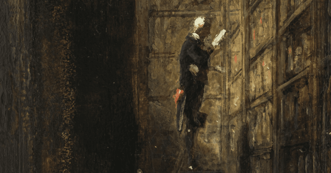 "The Bookworm", a painting by Carl Spitzweg depicting a man in a library pouring over a tome
