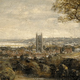 An oil painting depicting a church tower in a verdent green landscape