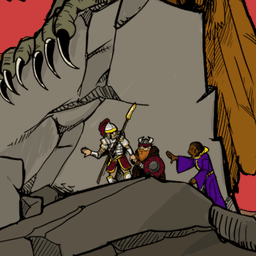 Three adventurers - a human fighter, a dwarven barbarian, and a human mage peer around a boulder on which the feet of a Roc is perched.