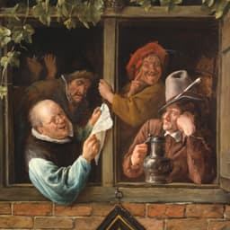 Rhetoricians at a Window by Jan Steen depicting a gleeful man reading from a page while another regards him, disgruntled.