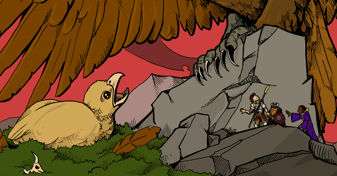 Three adventurers - a human fighter, a dwarven barbarian, and a human mage peer around a boulder on which the feet of a Roc is perched. In front of them is the Rocs baby, huge in comparison to our adventurers.