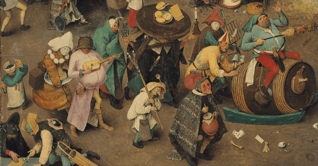 A miniature from a 1559 Dutch painting by Pieter Bruegel d. ether depicting a scene from a carnival. There's an ecclectic collection of people celebrating including a man riding a barrel on a sled, and an elderly woman holding a staff with two candles wearing fake eyes and a fake nose.