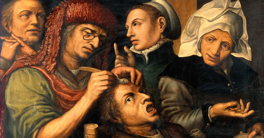 An operation for stone in the head. Oil painting by a follow Wellcome depicting a man recieving an operation on his head